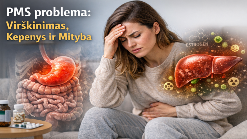 Moteris sėdi ant sofos ir laiko pilvą, jausdama diskomfortą; šalia pavaizduotos skrandžio ir kepenų iliustracijos, simbolizuojančios PMS, virškinimo sutrikimus, kepenų apkrovą ir estrogenų disbalansą