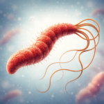 Helicobacter pylori bakterijos medicininė iliustracija – spiralės formos bakterija su žiuželiais, pažeidžianti skrandžio gleivinę.