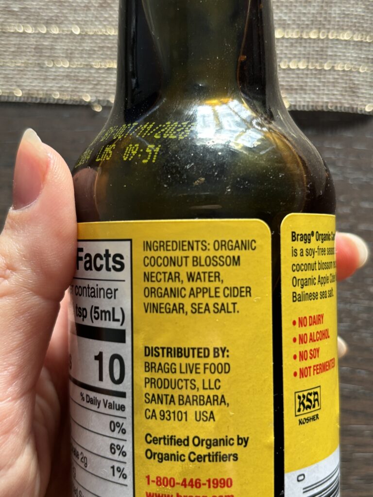 Kokosų aminorūgščių (Coconut aminos) švari produkto sudėtis.