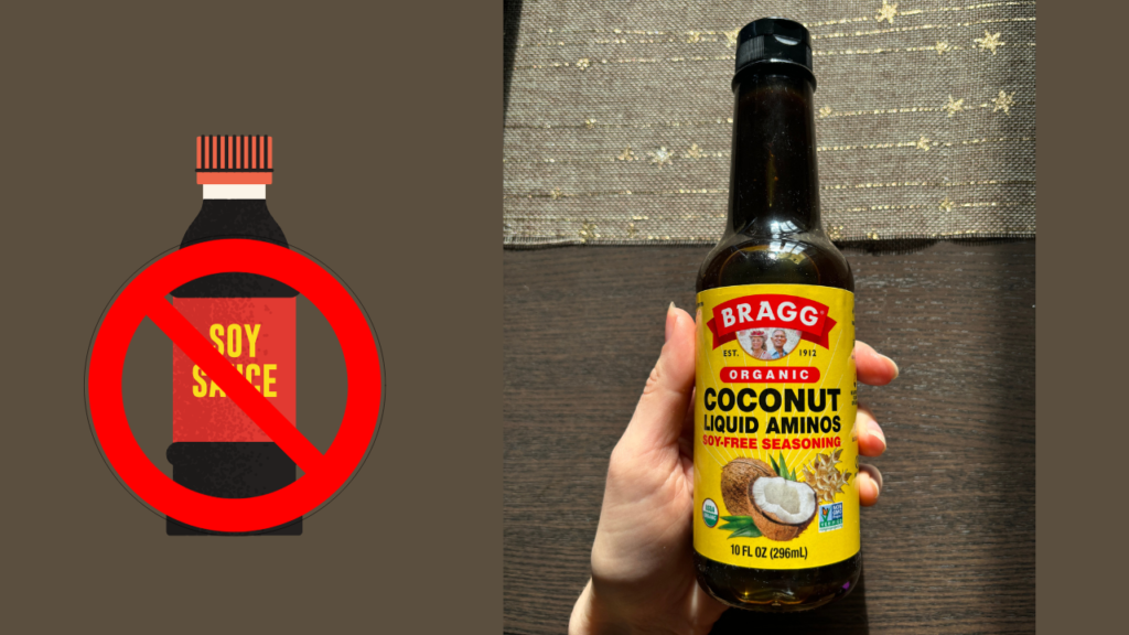 Perbrauktas sojų padažas šalia buteliuko su kokoso aminorūgštimis – sveika, be sojos ir glitimo alternatyva.